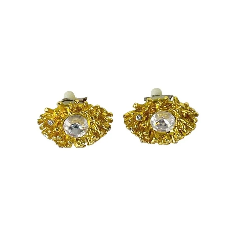 Vintage Brutalist Sunburst Clip On Earrings Sea Urchin Gold‎ Tone Rhinestone
